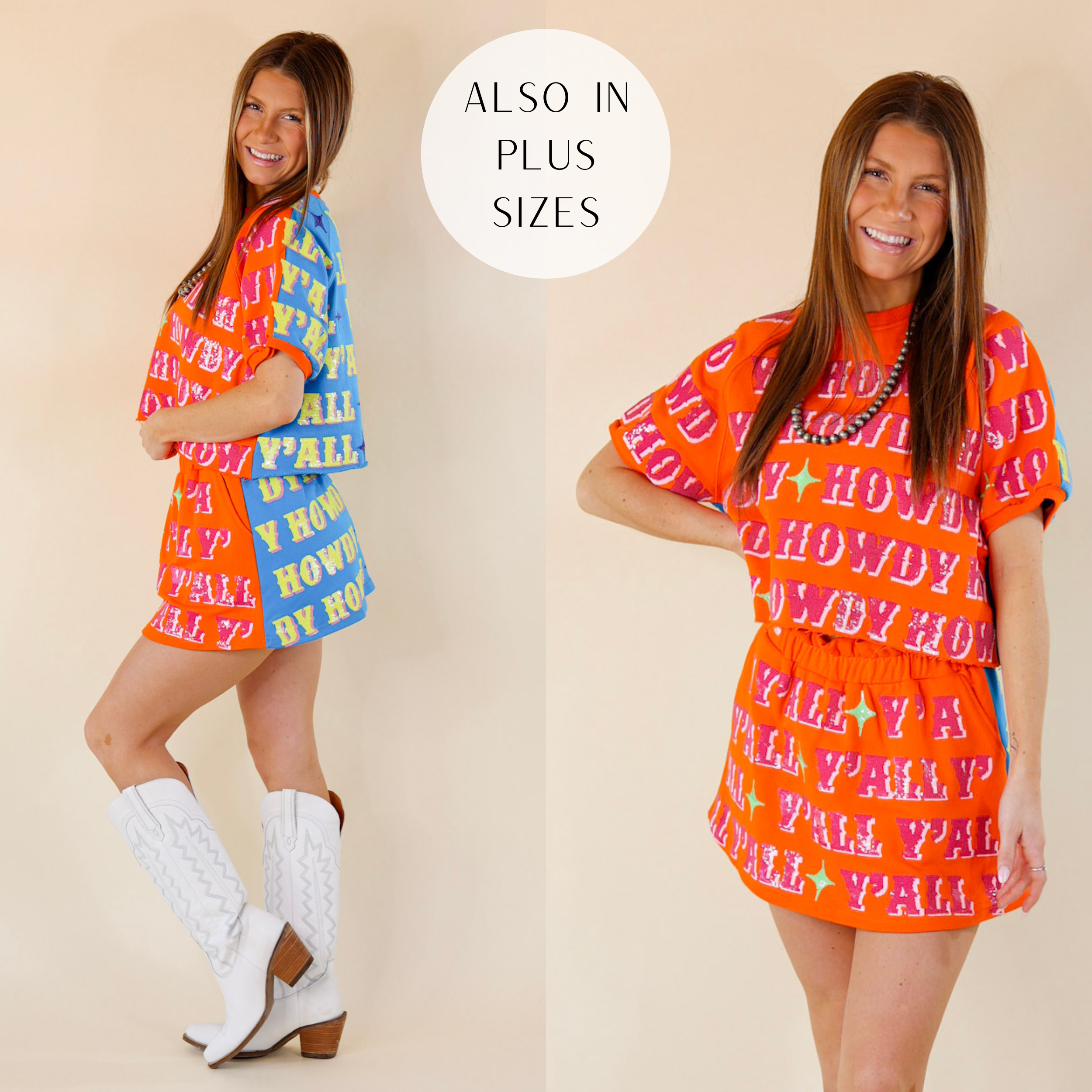 Model is wearing a colorblock short sleeve top with the words "Howdy" and "Yall" in pink and yellow on orange and blue fabric. Model has it paired with white boots, matching skort, silver jewelry. 