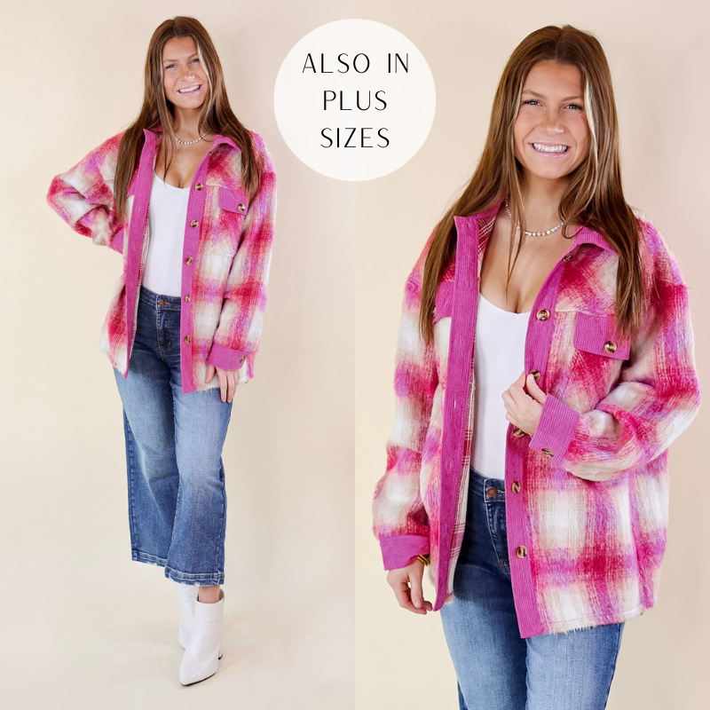 Model is wearing a plaid fleece jacket with a corduroy trim in pink. Model has paired the jaket with a white bodysuit, blue jeans, white booties, and gold tone jewelry. 