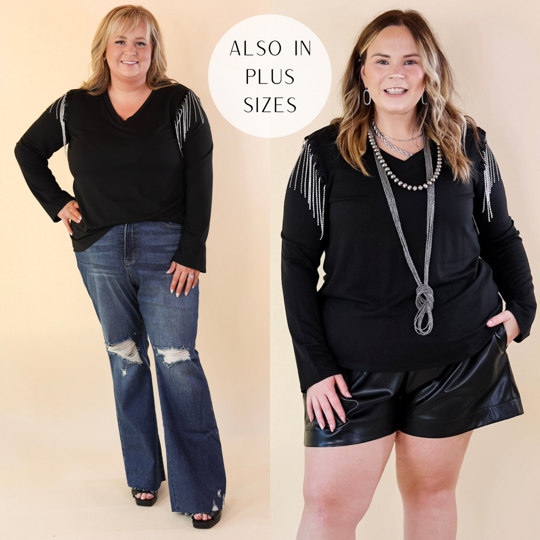 Party Dreams Long Sleeve V Neck Top with Crystal Fringe Shoulders in Black - Giddy Up Glamour Boutique