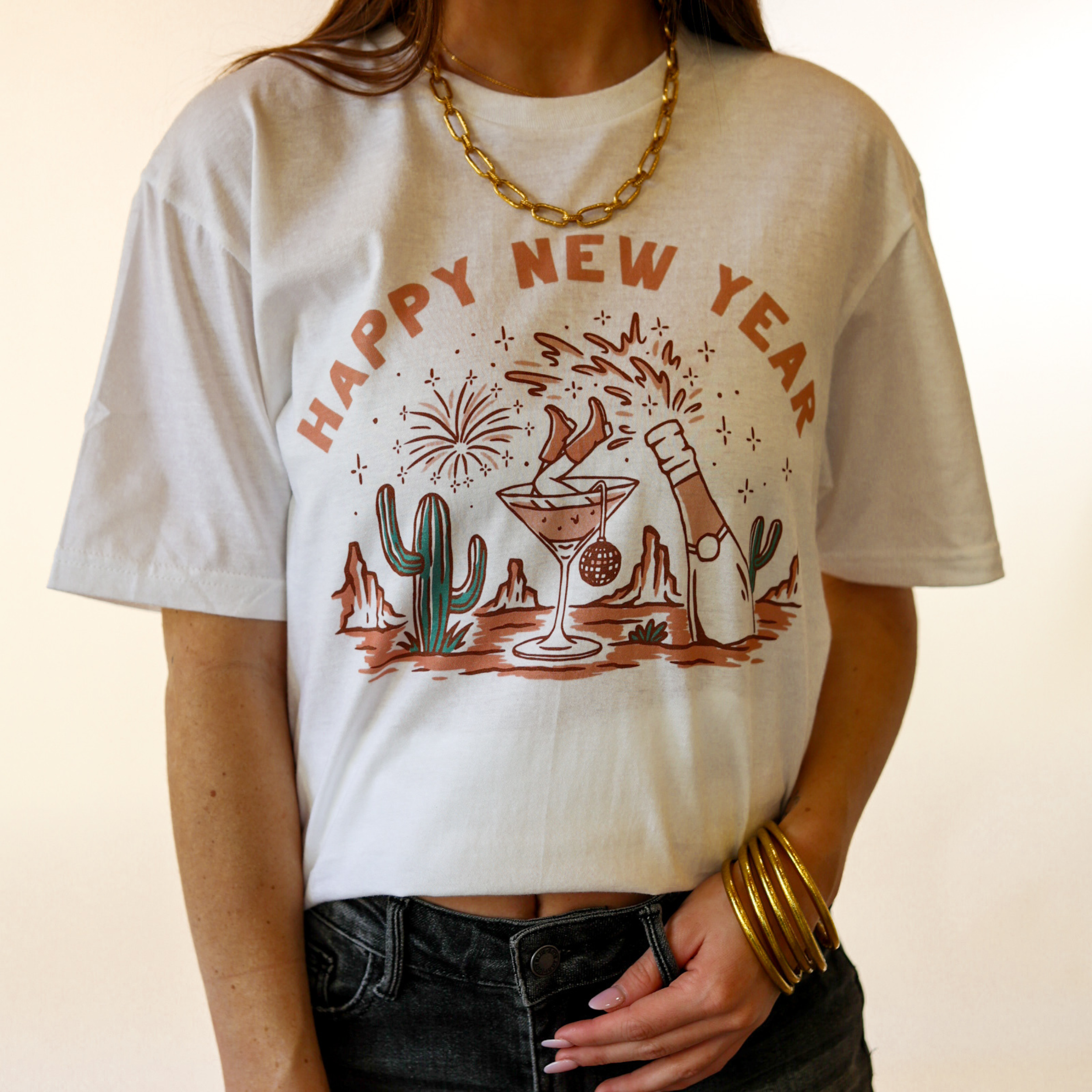 Online Exclusive | Happy New Year Western Graphic Tee in White - Giddy Up Glamour Boutique