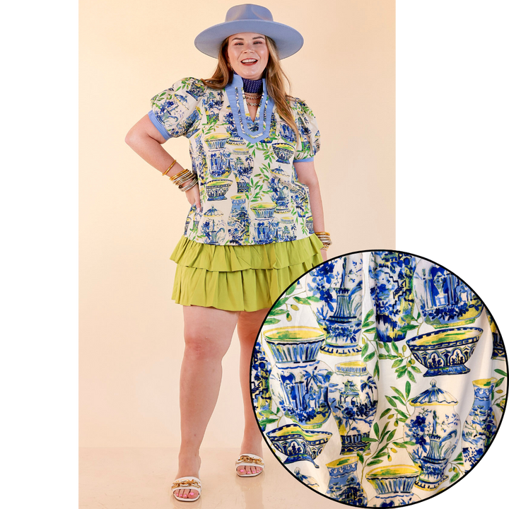 Coast is Clear Vase Print Contrast Trim Top with Puff Sleeves in Blue Multi