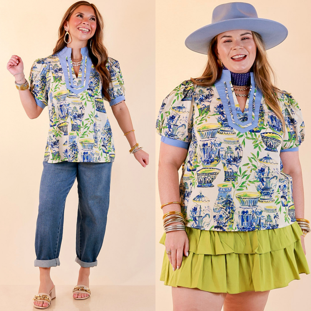 Coast is Clear Vase Print Contrast Trim Top with Puff Sleeves in Blue Multi