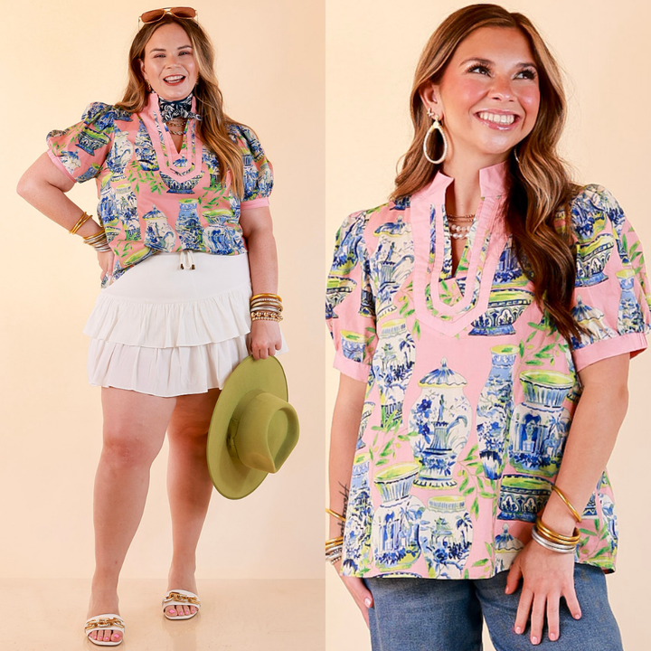 Coast is Clear Vase Print Contrast Trim Top with Puff Sleeves in Coral Pink Multi