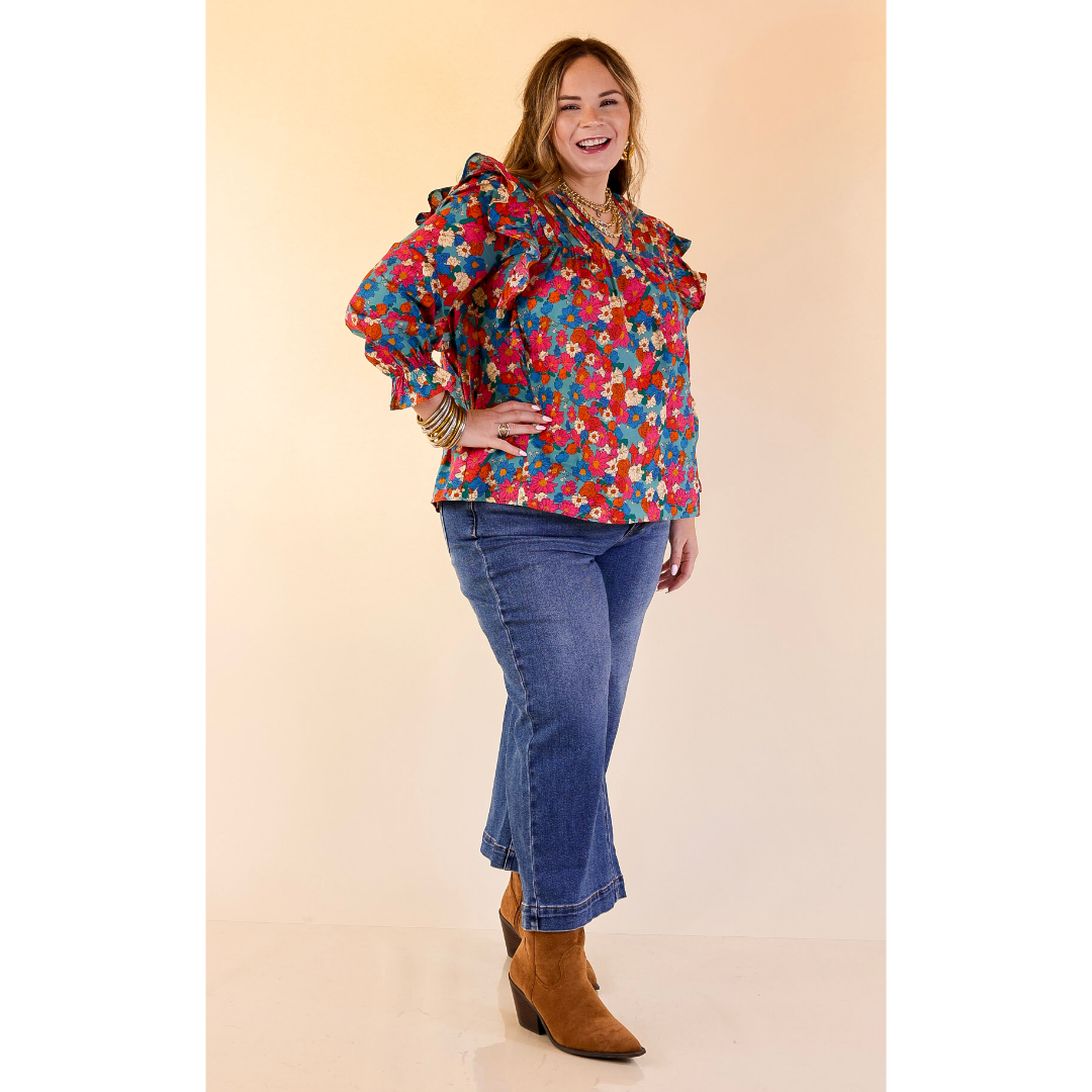 Coffee Perks Floral Ruffle Detail Long Sleeve Top in Turquoise Blue