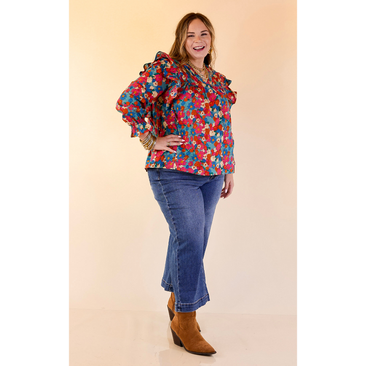 Coffee Perks Floral Ruffle Detail Long Sleeve Top in Turquoise Blue