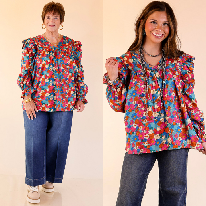Two women wearing a colorful floral blouse and jeans on a beige background