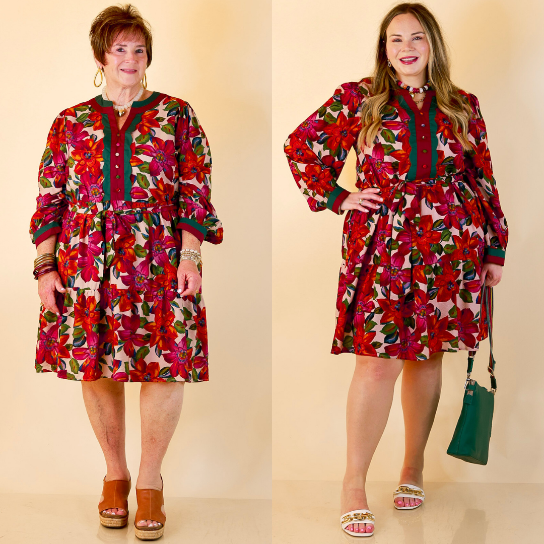 Color Me Confident Floral Print Button Front Contrast Trim Dress in Ivory, Plum and Emerald Green