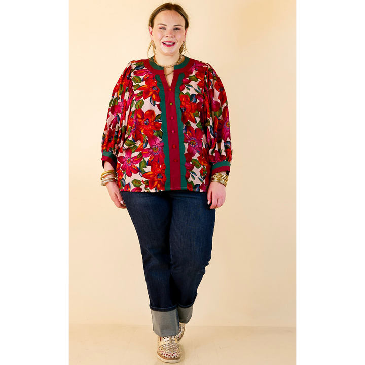 Color Me Confident Floral Print Button Front Contrast Trim Top in Ivory, Plum and Emerald Green
