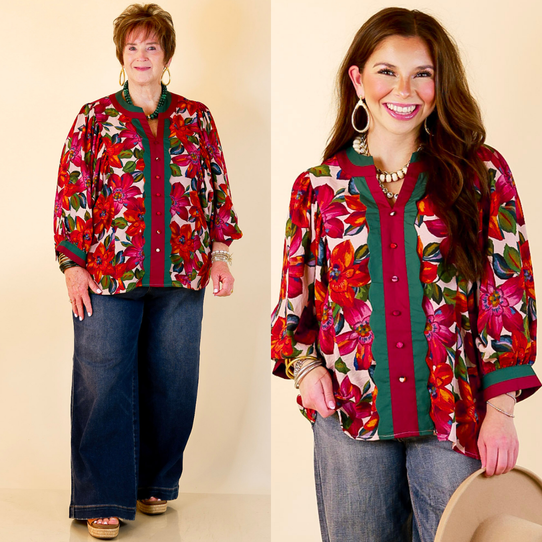 Color Me Confident Floral Print Button Front Contrast Trim Top in Ivory, Plum and Emerald Green