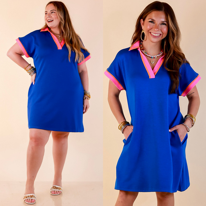 Color Me Confident Pink and Orange Contrast Trim Collared Shift Dress in Royal Blue