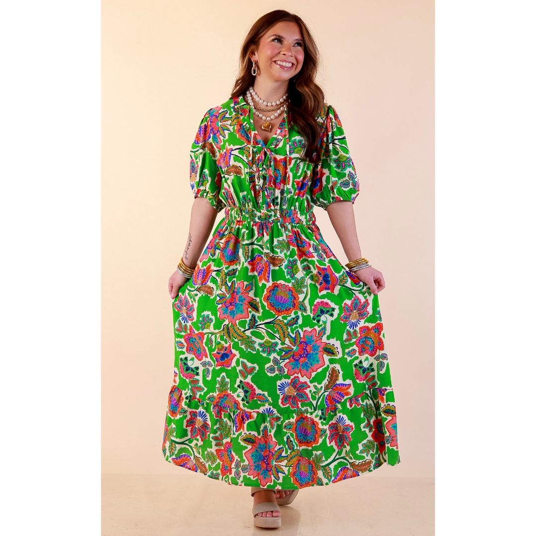 Color Me Happy Floral Print Midi Dress with Tie Neckline and Puff Sleeves in Green