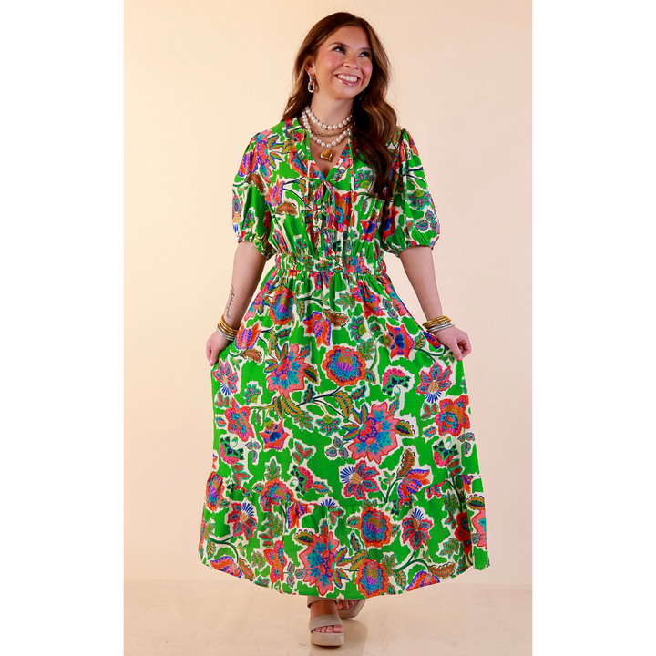 Color Me Happy Floral Print Midi Dress with Tie Neckline and Puff Sleeves in Green