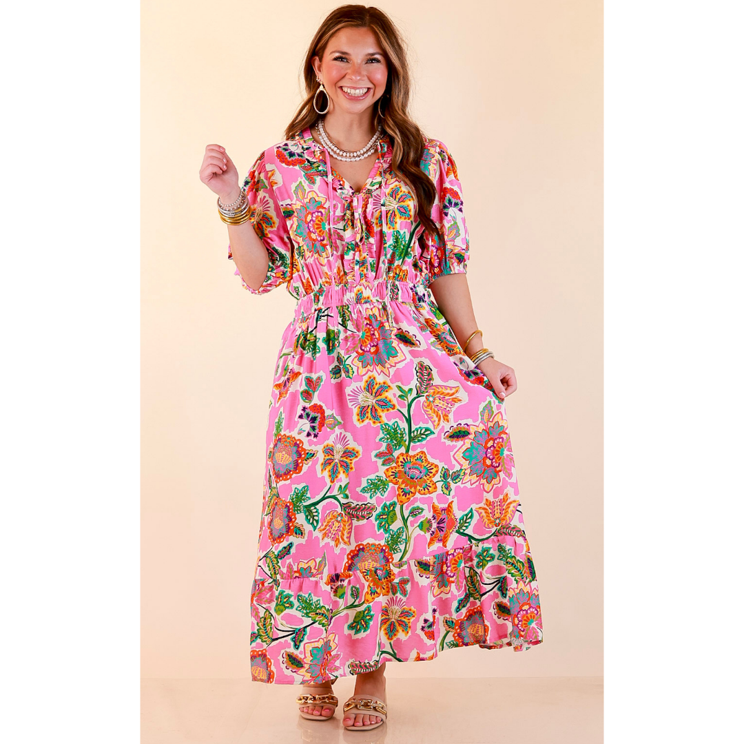 Color Me Happy Floral Print Midi Dress with Tie Neckline and Puff Sleeves in Pink
