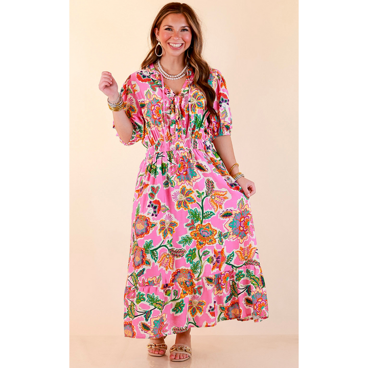 Color Me Happy Floral Print Midi Dress with Tie Neckline and Puff Sleeves in Pink