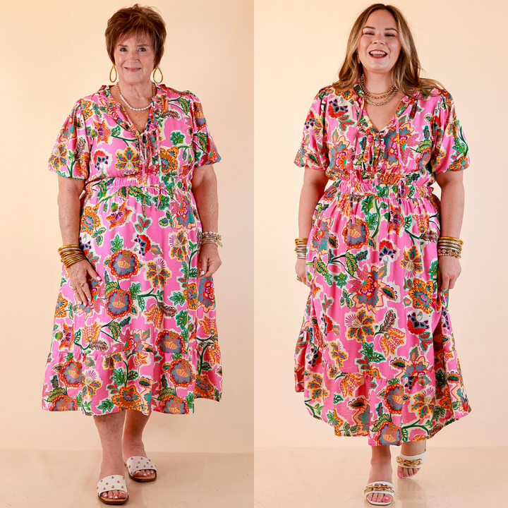 Color Me Happy Floral Print Midi Dress with Tie Neckline and Puff Sleeves in Pink