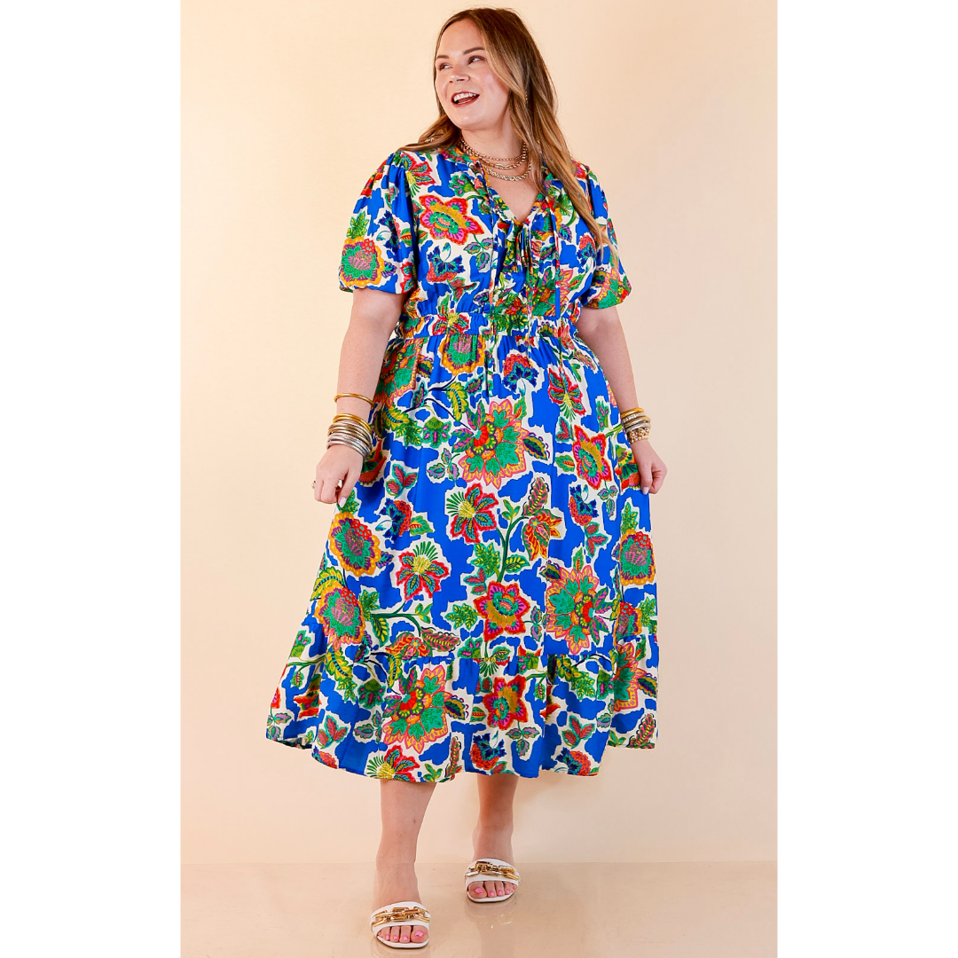 Color Me Happy Floral Print Midi Dress with Tie Neckline and Puff Sleeves in Royal Blue