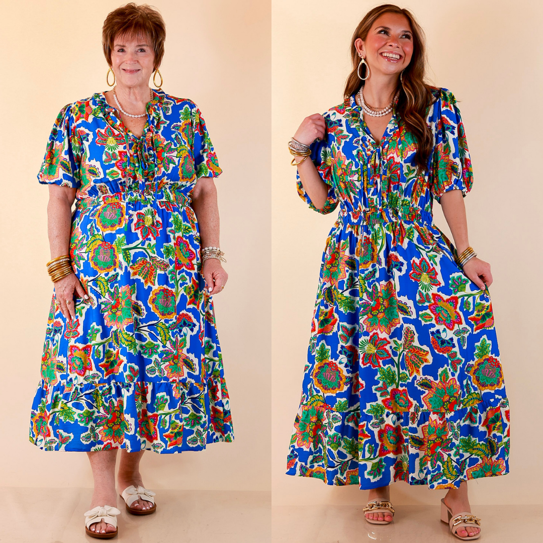 Color Me Happy Floral Print Midi Dress with Tie Neckline and Puff Sleeves in Royal Blue