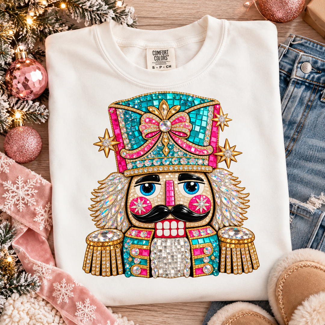 Colorful Faux Rhinestone Nutcracker Christmas graphic tee or sweatshirt on white with a faux rhinestone nutcracker in turquoise, pink and gold