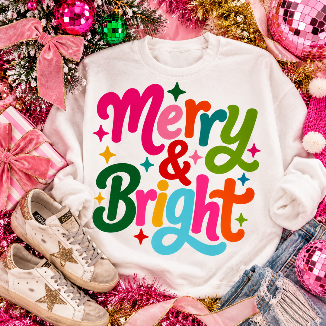 Colorful Merry and Bright Script Christmas graphic tee or sweatshirt on white with rainbow Merry and Bright script with sparkle accents