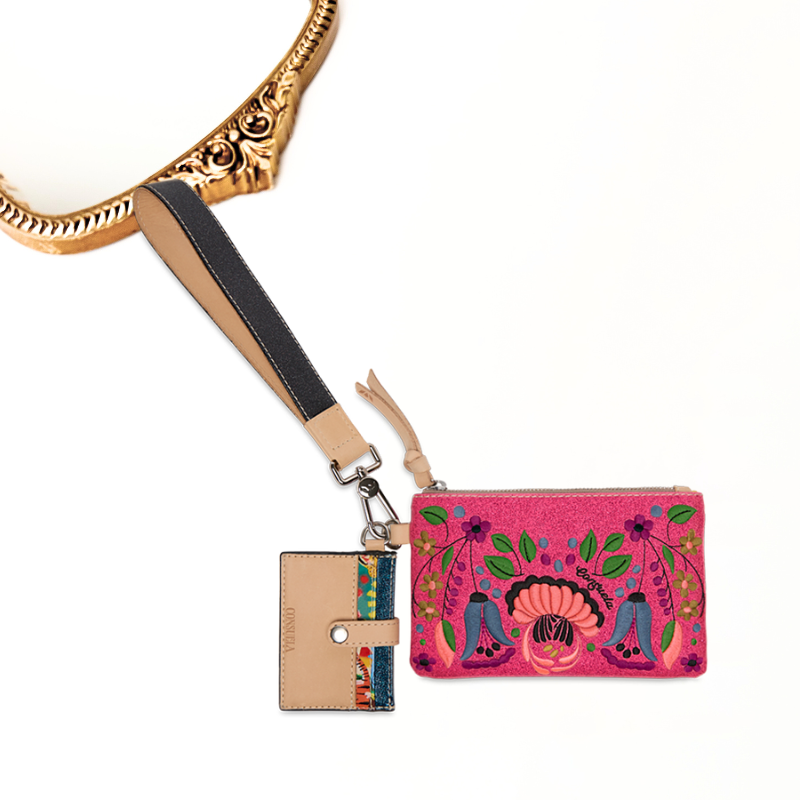 Colorful embroidered wallet with a strap on a white background