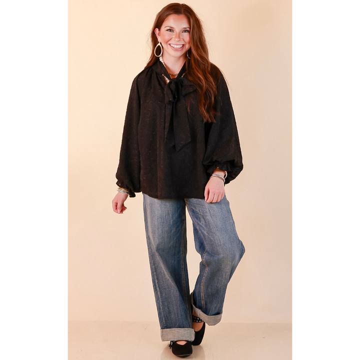 Commanding Attention Tie Neck Velvet Animal Print Balloon Sleeve Blouse in Black