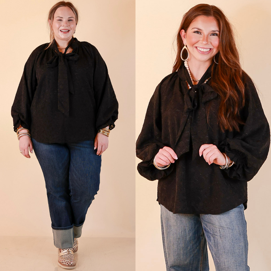 Commanding Attention Tie Neck Velvet Animal Print Balloon Sleeve Blouse in Black