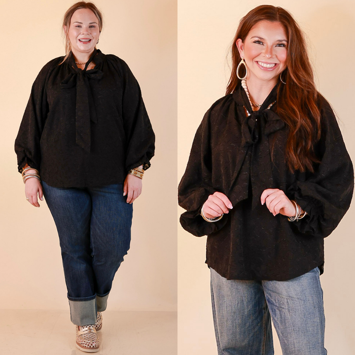 Commanding Attention Tie Neck Velvet Animal Print Balloon Sleeve Blouse in Black