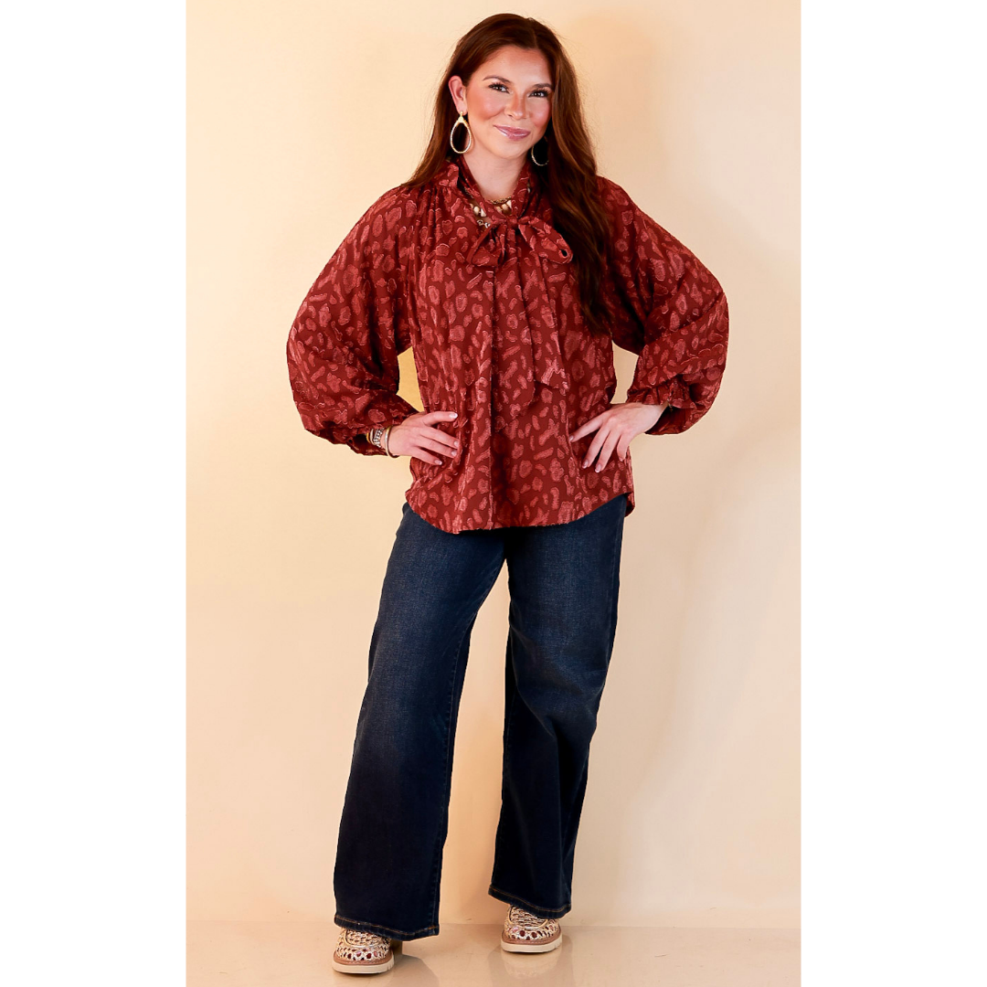 Commanding Attention Tie Neck Velvet Animal Print Balloon Sleeve Blouse in Burgundy