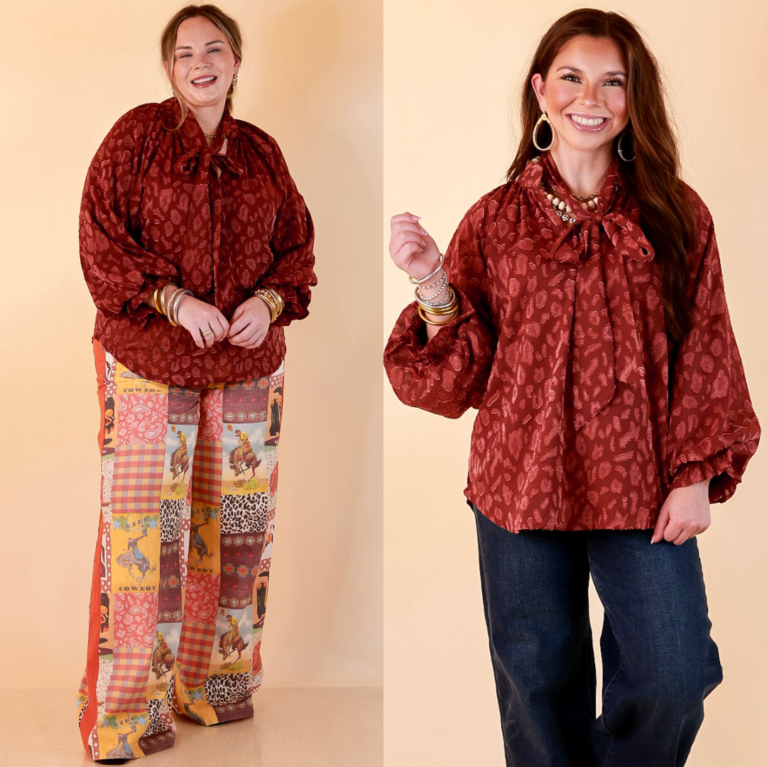Commanding Attention Tie Neck Velvet Animal Print Balloon Sleeve Blouse in Burgundy