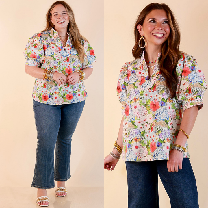 Commanding Style V Neck Floral Print Top with Short Balloon Puff Sleeves in Light Blue