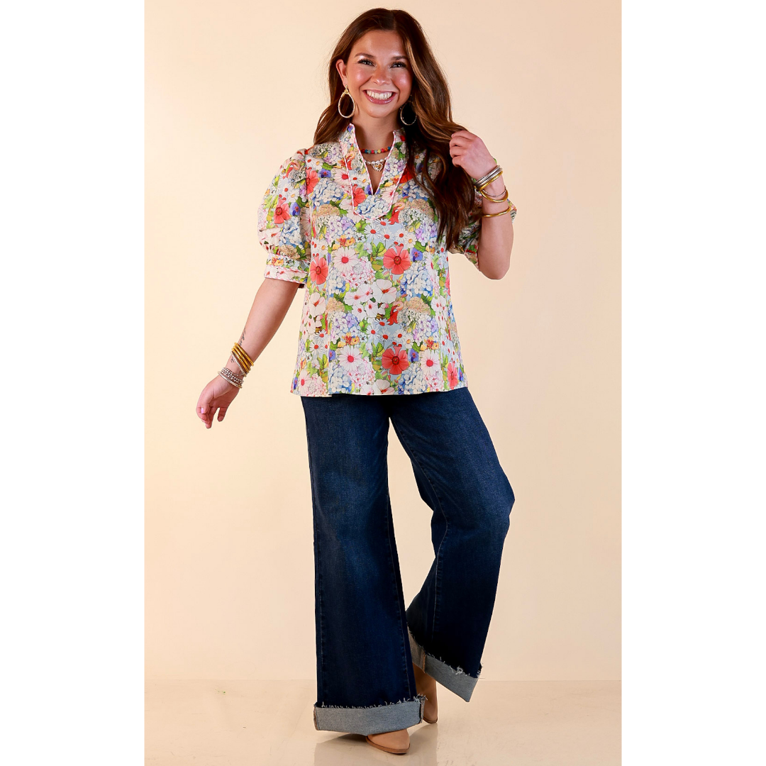 Commanding Style V Neck Floral Print Top with Short Balloon Puff Sleeves in Light Blue