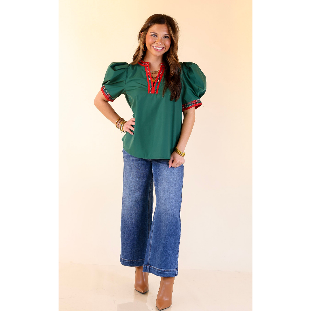 Commanding Style V Neck Top with Short Balloon Sleeves and Plaid Trim in Hunter Green