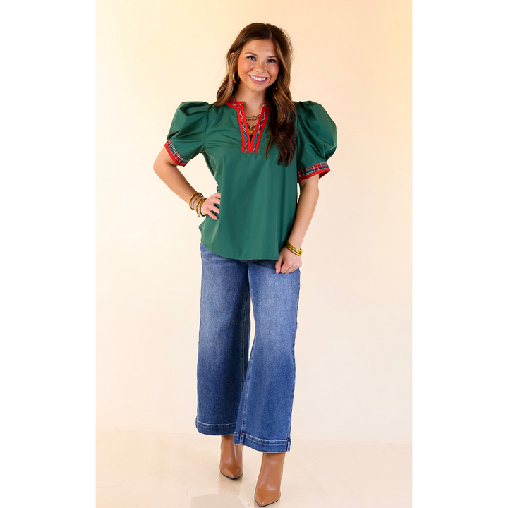 Commanding Style V Neck Top with Short Balloon Sleeves and Plaid Trim in Hunter Green