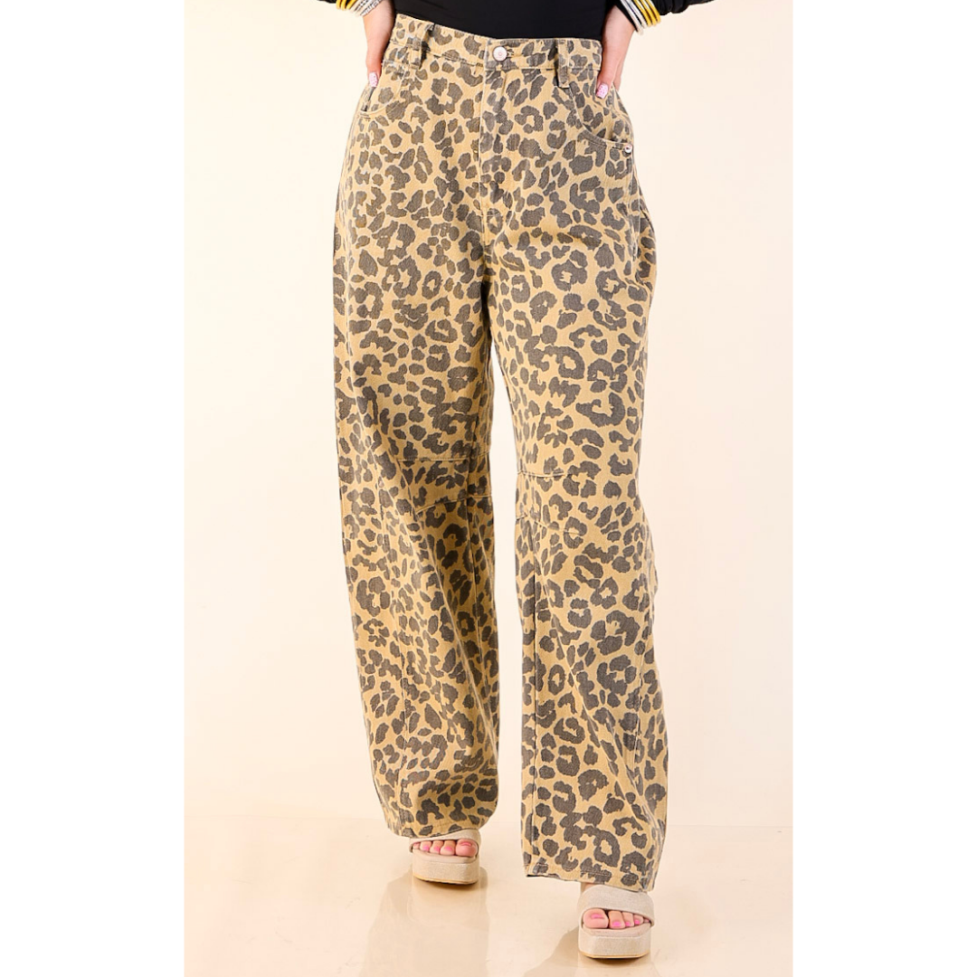 Confidently Cool Wide Leg Barrel Denim Jean in Leopard Print