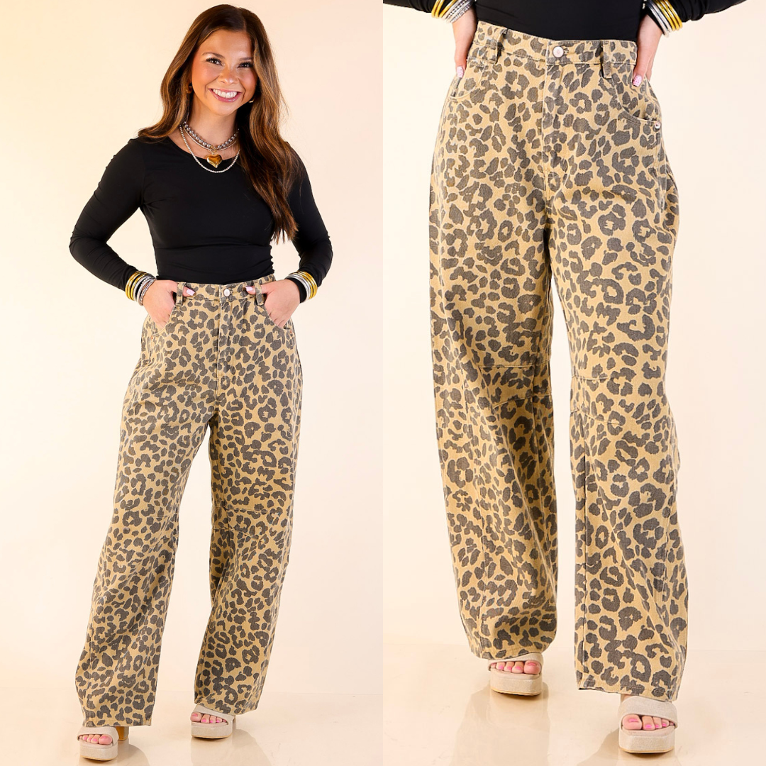Woman wearing leopard print barrel pants on a beige background