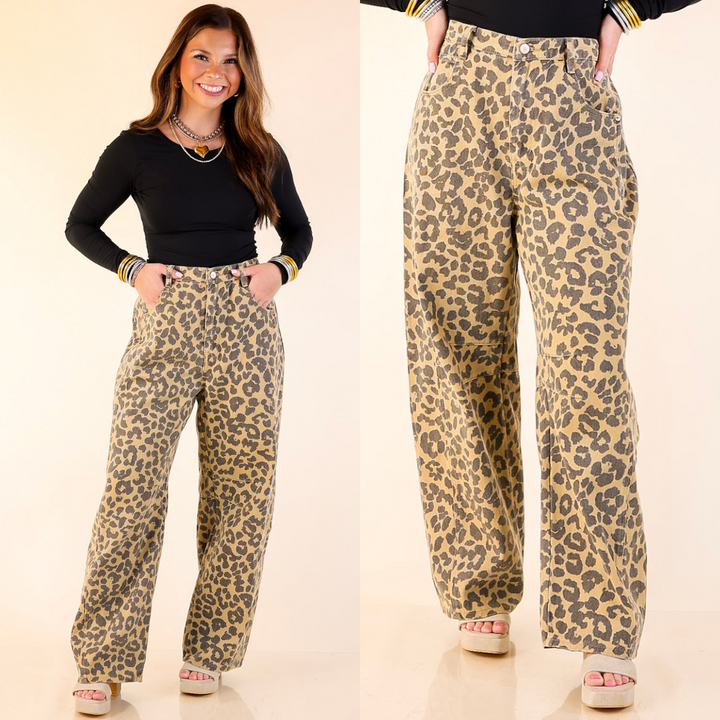 Woman wearing leopard print barrel pants on a beige background