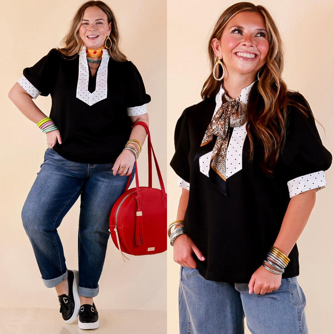 Confidently Yours Contrast Polka Dot Trim Puff Sleeve Top in Black