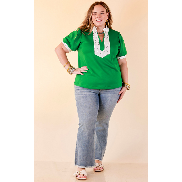 Confidently Yours Contrast Polka Dot Trim Puff Sleeve Top in Kelly Green