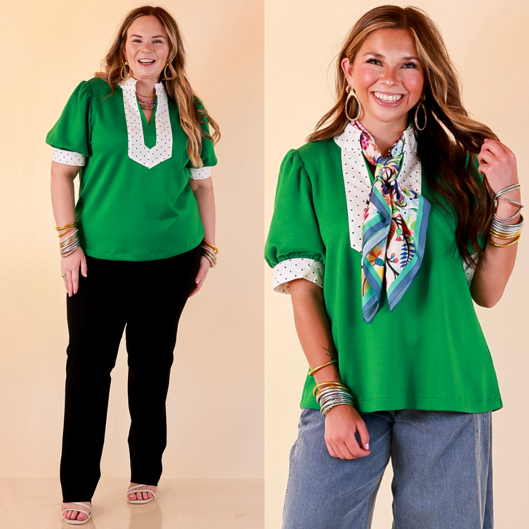 Confidently Yours Contrast Polka Dot Trim Puff Sleeve Top in Kelly Green