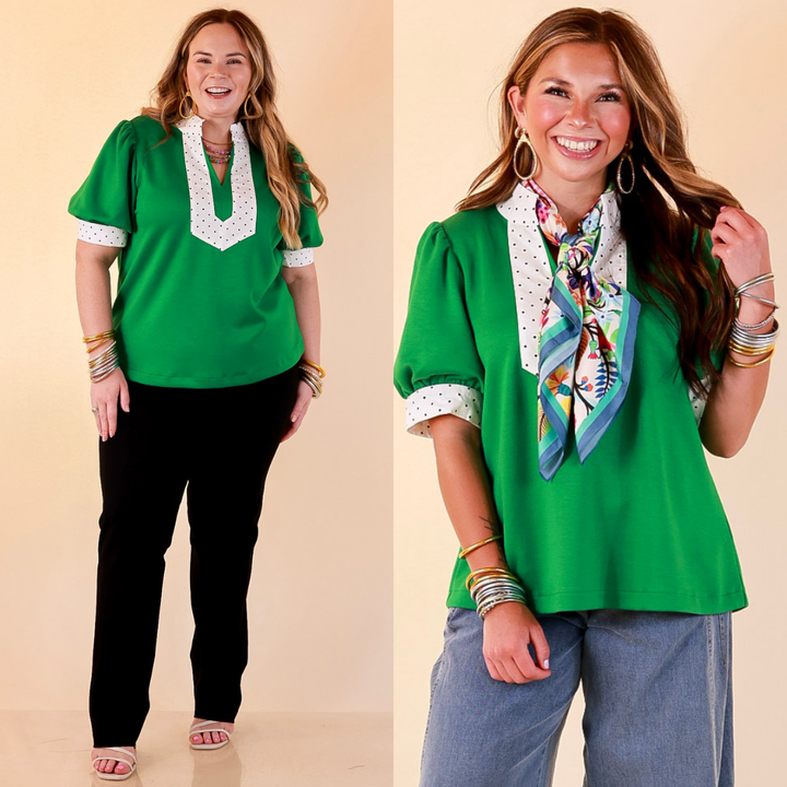 Confidently Yours Contrast Polka Dot Trim Puff Sleeve Top in Kelly Green