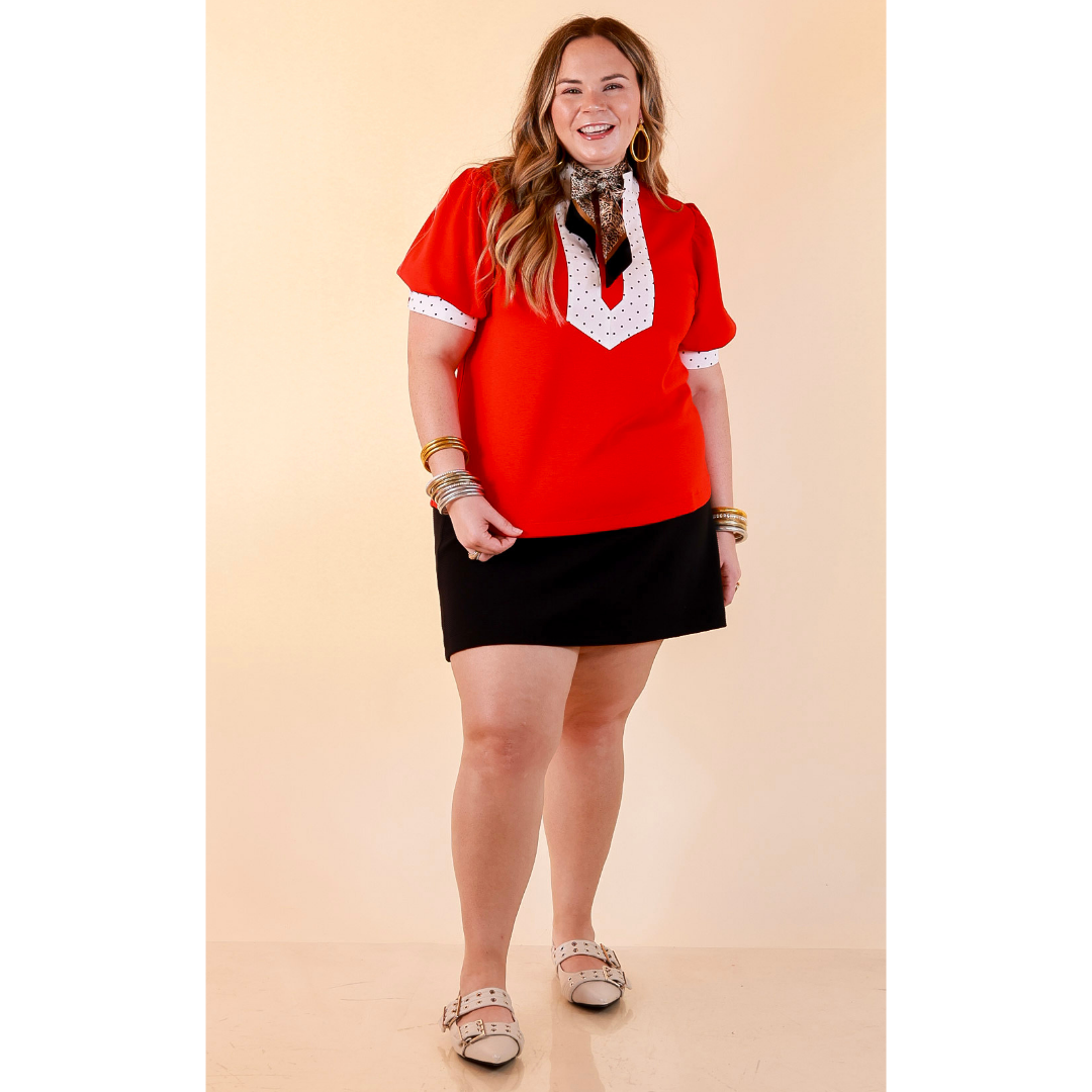 Confidently Yours Contrast Polka Dot Trim Puff Sleeve Top in Red