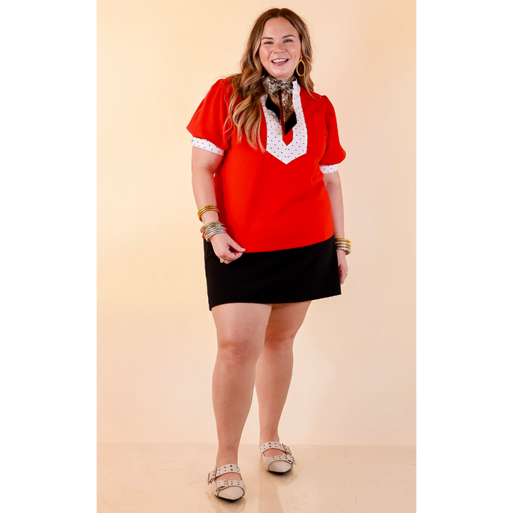 Confidently Yours Contrast Polka Dot Trim Puff Sleeve Top in Red