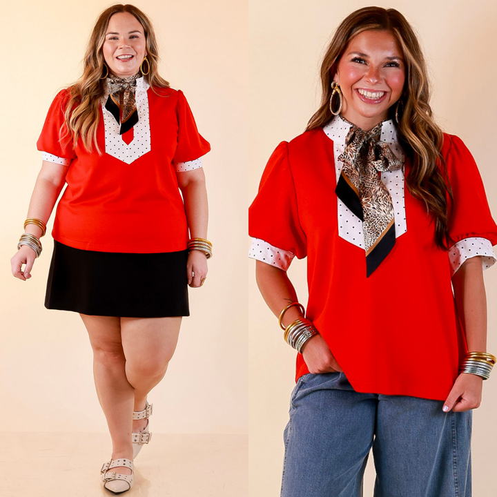 Confidently Yours Contrast Polka Dot Trim Puff Sleeve Top in Red