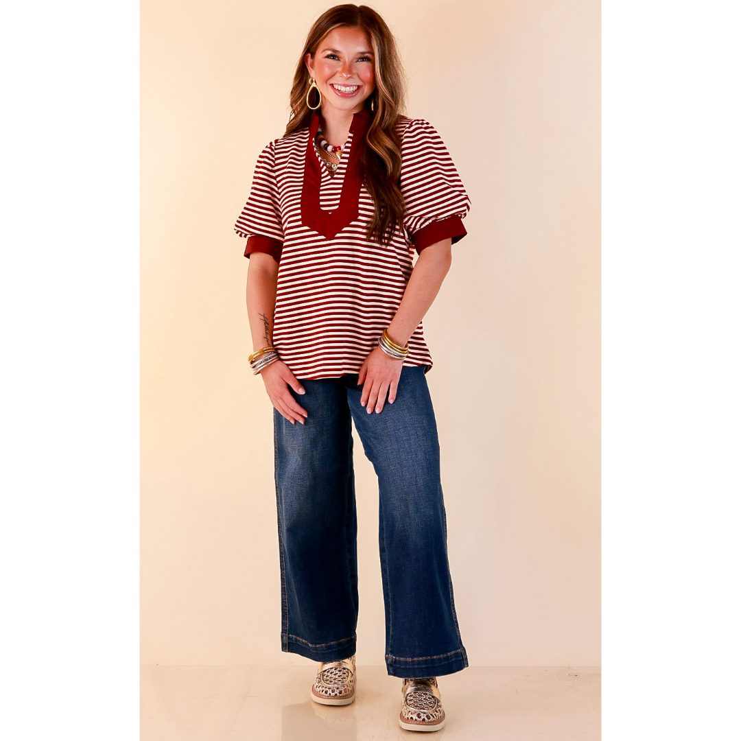 Confidently Yours Short Sleeve Contrast Trim Striped Top in Maroon and Cream
