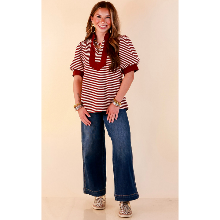 Confidently Yours Short Sleeve Contrast Trim Striped Top in Maroon and Cream