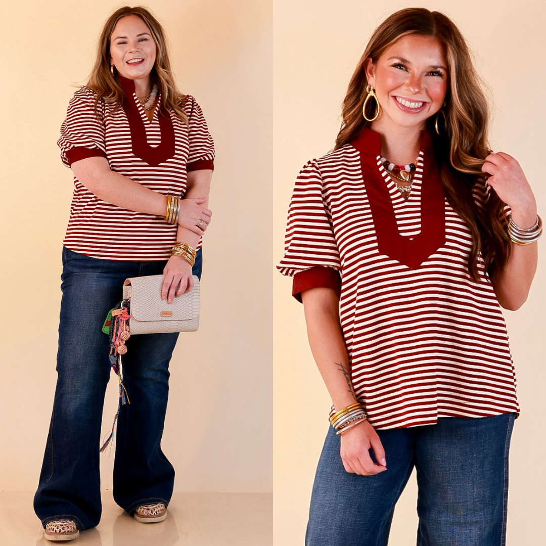 Confidently Yours Short Sleeve Contrast Trim Striped Top in Maroon and Cream