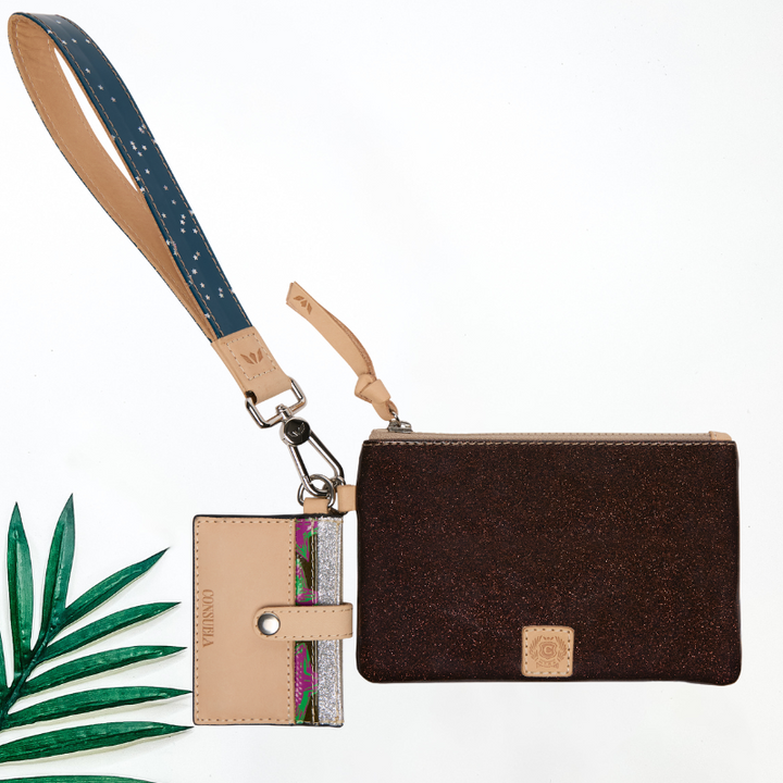 Brown wallet with strap and cardholder on a white background