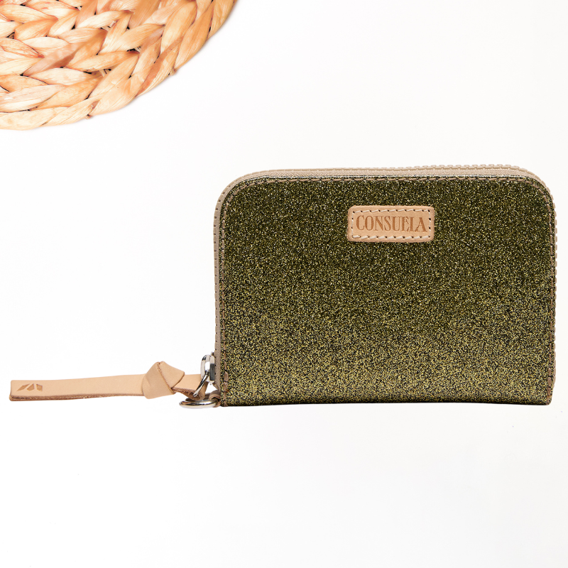 Green glittery wallet with beige strap and visible brand logo on a white background