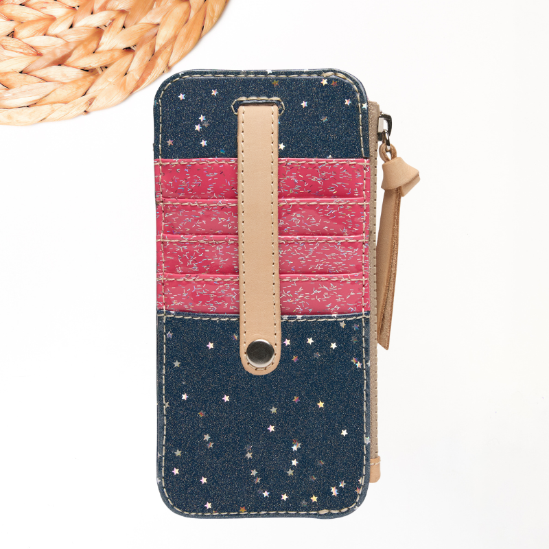 wallet with star pattern and pink stripe on a white background