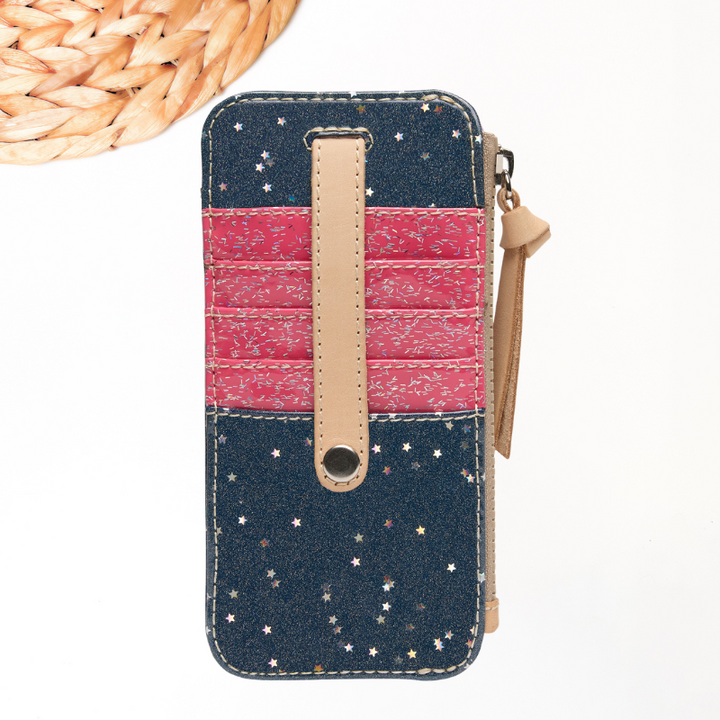 wallet with star pattern and pink stripe on a white background